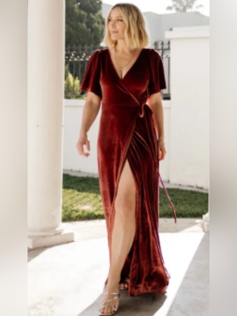 Baltic Born Meghan Velvet Wrap Maxi Dress Terracotta Rust Red Short Sleeve Sz L